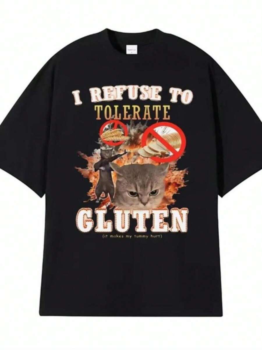New I Refuse To Tolerate Gluten Funny Cat Pattern Printed T-Shirt Men's Clothing Cotton T-Shirt Casual 0-Neck Loose T-Shirt - 黑色 - 查看 1