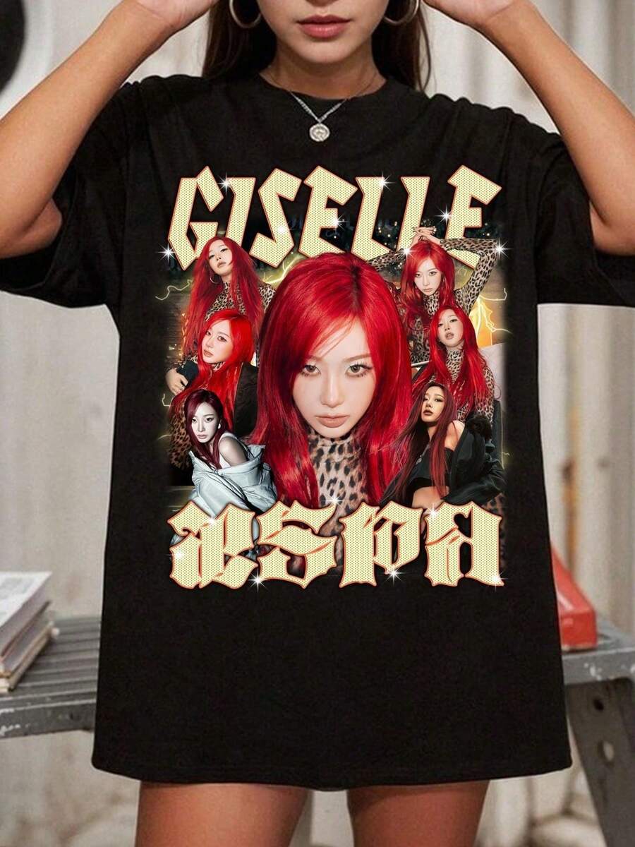 Giselle Aespa Red Hair Leopard Kpops Vintage Bootleg Graphic Tee - 黑色 - 查看 1