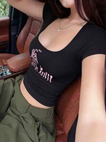 Women's U-Neck Short Sleeve T-Shirt, Summer New Cartoon Print, American Hot Girl Style, Fashion Casual Versatile Slim Fit Cropped Top Black - Black - View 7