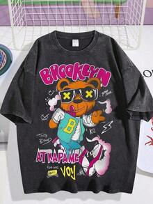 Camia de Algodón con Estampado Gráfico, Camia Lavada, Camia Vintage para Hombre, Estampado de Oso de Dibujos Animados de Brooklyn, Estilo Urbano, Camia Holgada de Manga Corta DG004 Y2K, Tall - Negro - Ver 1