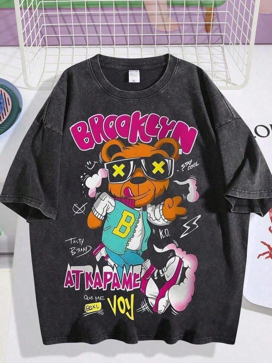 Camia de Algodón con Estampado Gráfico, Camia Lavada, Camia Vintage para Hombre, Estampado de Oso de Dibujos Animados de Brooklyn, Estilo Urbano, Camia Holgada de Manga Corta DG004 Y2K, Tall - Negro - Ver 1