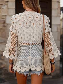 Cárdigan de croché calado, top versátil de cuello redondo y media manga, nueva camisa con protección solar, adecuada para primavera y verano - Blanco - Ver 4