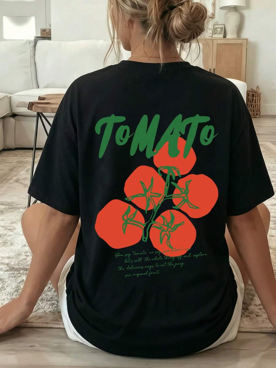 女款休閒居家服,寬鬆版型。你說「番茄」,我們說「番茄」——讓我們暫且擱置這個問題,一起探索品嚐這款多汁、陽光熟成水果的美味方式。番茄印花短袖T恤,休閒居家服,非常適合夏季穿著。 - 黑色 - 查看 1