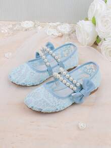 Wedding Party Sweet Cute Flower Girl Girls Flat Shoes Suitable For Big Medium Small Girls Children Shoes Baby Shoes Girls Fashion Blue Simple Pearl Bow Knot Four Seasons Holiday Flat Shoes Formal Dress Mary Jane Princess Shoes Baby Girls Flat Shoes Hollow Mesh Breathable Cool Lightweight Girls Flat Shoes Summer - Blue - View 5