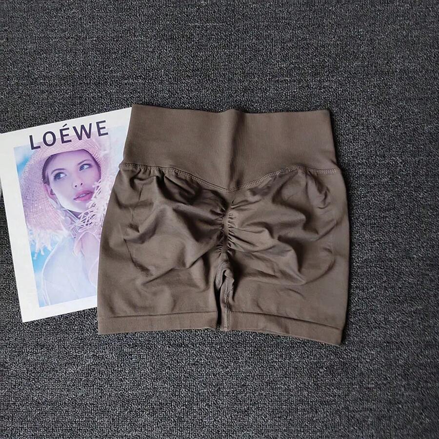 Peach Yoga Shorts For Girls, High Waisted Crisscross Shorts, Snap Knit, Running, Sports, Elastic, Tummy Lift, Butt-Skimming Shorts - 莫卡 - 查看 1