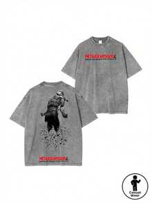 Camiseta de manga corta para hombre de puro algodón en color gris lavado con estampado del logo de Metal Gear Solid: Sons of Patriot MGS.Mercancía de videojuegos y anime.Cuello redondo, tr - Gris - Ver 1