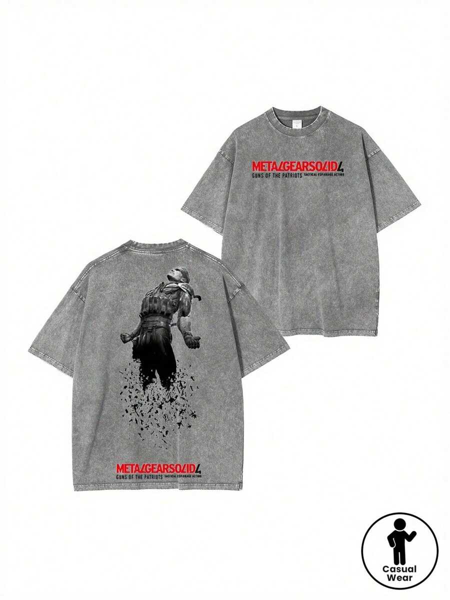 Camiseta de manga corta para hombre de puro algodón en color gris lavado con estampado del logo de Metal Gear Solid: Sons of Patriot MGS.Mercancía de videojuegos y anime.Cuello redondo, tr - Gris - Ver 1