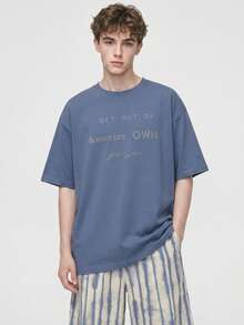 Setelan Pakaian Santai Pria Gaya Korea INS Kasual Dasar dengan Motif Huruf, Kancing, Kerah Bulat, Lengan Pendek - Celana Pendek Bergaris, 2 Potong, Cocok untuk Pakaian Luar Ruangan, Musim Semi/Panas - Dusty Blue - View 3