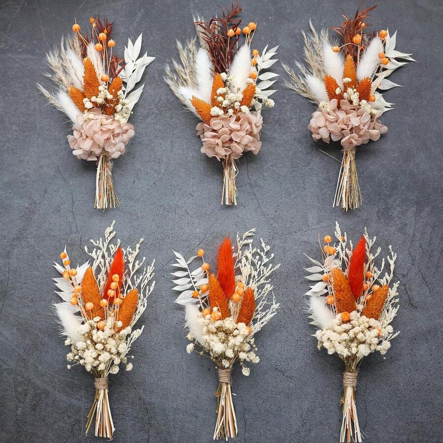 1/6 piezas Ramo de flores artificiales mini para boda, decoración de boda bohemia, boutonniere para hombres, centros de mesa, hierba de pampa para cumpleaños, pastel, fiesta, decoraciones navideñas - Y05 - Ver 1