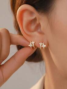 1 Pair Luxury European Style Silver-Plated Double Layer Star C-Shaped Hoop Earrings With Full Zirconia Stones, Suitable For Anniversary, Daily, Campus, Wedding And Other Occasions As Gifts For Friends - Star Earrings - View 6