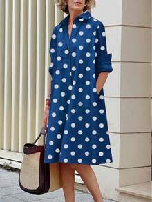 Simple Mid-Length Dress With Sleeves And A European And American Style Print. - 藍色 - 查看 2