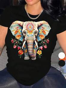 Camiseta de Mujer con Estampado de Elefante y Caléndula de Arte Popular Mexicano - Día de los Muertos, Manga Corta, Cuello Redondo, Blusa Casual, Blanca con Borde Inspirado en Saree Indio - Negro - Ver 2