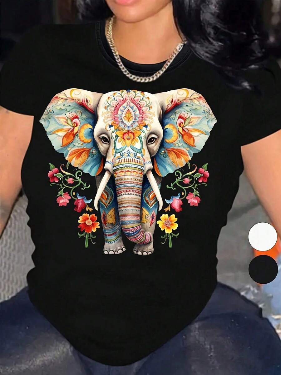 Camiseta de Mujer con Estampado de Elefante y Caléndula de Arte Popular Mexicano - Día de los Muertos, Manga Corta, Cuello Redondo, Blusa Casual, Blanca con Borde Inspirado en Saree Indio