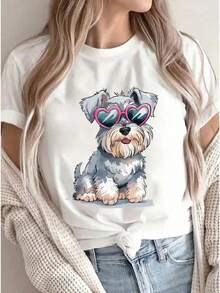 Playera Oversize Estampado Perro Schnauzer Kawaii Manga Corta Casual Moda Juvenil Estilo Japonés Urbano Verano Novedad Ropa de Mujer Blusa - Blanco - Ver 1