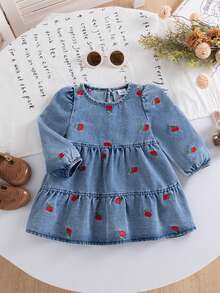 Infant Girl Sweet Cherry Dress, Round Neck Puff Long Sleeve Design, Cuffed Lantern Sleeves, Layered Ruched Cake Skirt Hem, Exquisite All-Over Red Cherry Embroidery Decoration, Soft Washed Fabric, Skin-Friendly Breathable Comfortable, Spring/Autumn New Versatile Princess Style, Daily Outings, Holiday Photo Outfits, Cute Baby Clothes Popular In Europe, America And Middle East - Light Wash - View 1