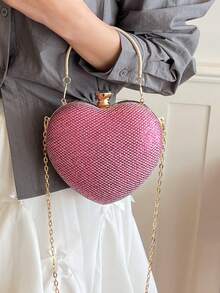 1 Buah Tas Clutch Malam Bentuk Hati Berkilau dengan Gesper Cincin Berlian Imitasi dan Tali Rantai Logam Tipis, Tas Selempang Pesta Pernikahan Gaya Gadis Manis dan Keren #HeartShapeEveningClutch #GlitterMiniBag #RhinestoneRingClasp #PartyCrossbodyPurse - Berwarna merah muda - View 6