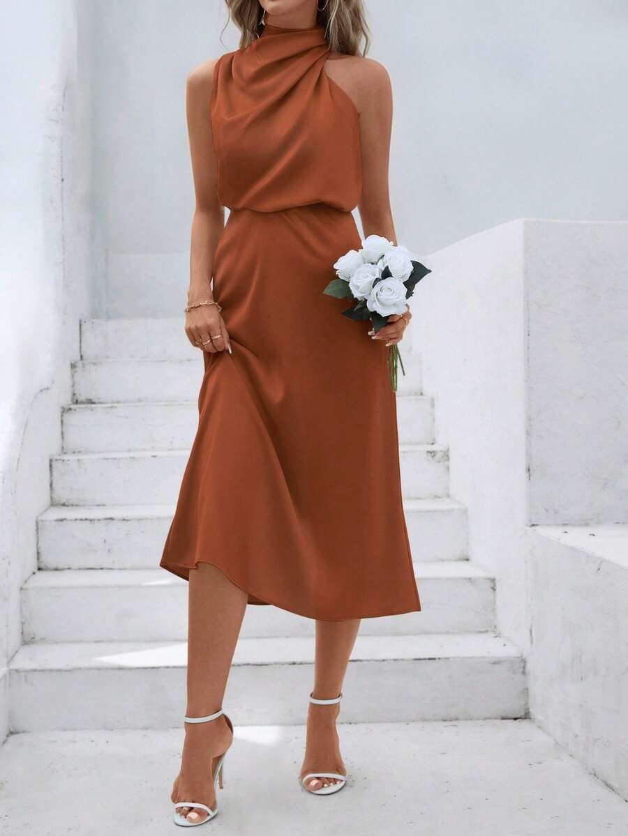 Vestido midi de satén sin mangas para mujer, moda europea y americana talla grande vendida, diseño elegante y versátil, vestido de noche para fiesta de verano - Negro mate - Ver 1