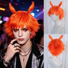 Peluca sintética naranja vibrante, corta, esponjosa, con capas, recta, despeinada y puntiaguda, con accesorio de diadema con forma de cuerno desmontable, para hombre y mujer, anime cosplay, con flequillo, kit de peluca para fiesta de disfraces, espectáculo en escenario, atuendo temático y sesión de fotos - Naranja - Ver 1