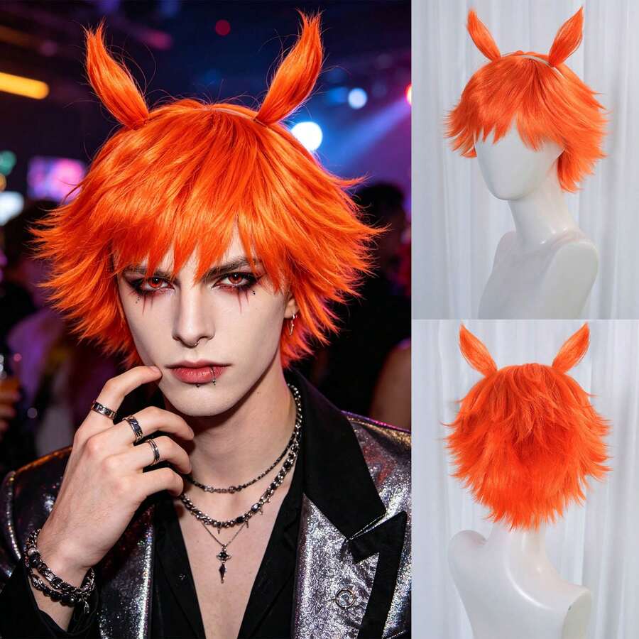 Peluca sintética naranja vibrante, corta, esponjosa, con capas, recta, despeinada y puntiaguda, con accesorio de diadema con forma de cuerno desmontable, para hombre y mujer, anime cosplay, con flequillo, kit de peluca para fiesta de disfraces, espectáculo en escenario, atuendo temático y sesión de fotos - Naranja - Ver 1