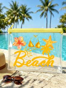 防水 PVC 比基尼與海星「Beach」字母印花沙灘包、PVC 化妝包、拉鍊式 PVC 旅行收納包，輕量耐褪色化妝盥洗包，適合女性與男性，TSA 認證便攜化妝收納盒，易清潔設計，適合母親、老師、朋友、護理師，學校假期度假必備盥洗包，母親節禮物，旅行必備，夏季必備 - 彩色 - 查看 3
