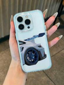 1 pièce Étui de téléphone avec cadre bleu, lentille transparente minimaliste, protection anti-chute et anti-collision, motif de voiture de course, compatible avec Apple 17/17Pro/17Promax/16/16Pro 16 Pro Max/15/14 Plus, 13/12/11, Étui de téléphone Air, housse de protection - Bleu ciel - Voir 2