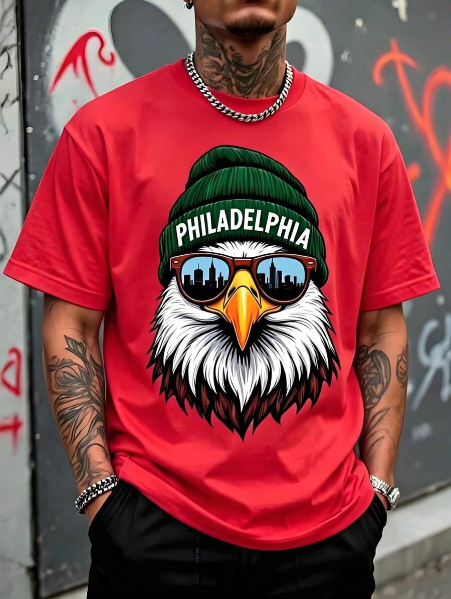 Men's Loose Fit T-Shirt, Bald Eagle Print With Green Wool Hat "Philadelphia" And City Silhouette Glasses, Short Sleeve T-Shirt American Urban Streetwear Style. - 紅色 - 查看 1