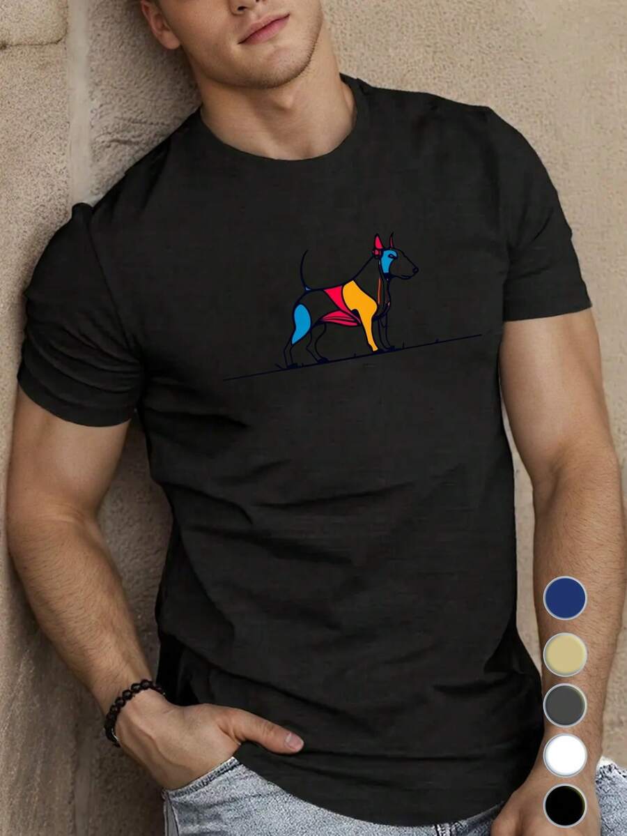 Camiseta de hombre transpirable ligera talla S-3XL estampado minimalista perro de colores arte abstracto, camiseta de manga corta casual para paseos y salidas de verano diario - Negro - Ver 1