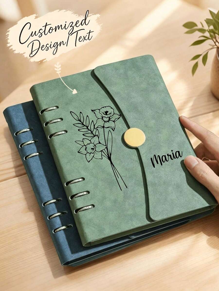 Personalized Leather Notebook Set, Customized A5 Loose-Leaf Diary With Name And Birth Flower, Matching Pen, Suitable For Teacher Gift, Graduation Gift And Travel Journal - Multicolor - View 1