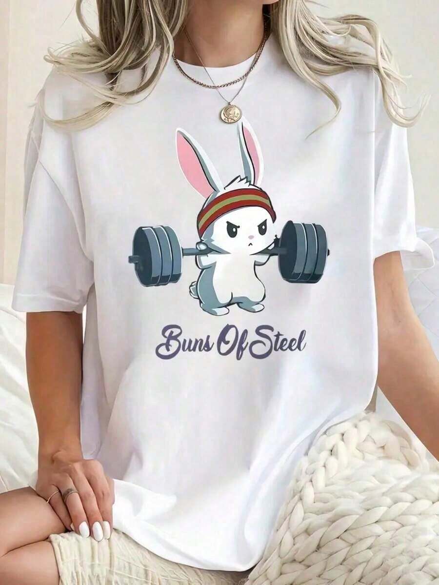 Loose Fit T-Shirt With Rabbit Print, Fitness, Short Sleeve, Round Neck, Streetwear Style, Japanese Sporty, Alternative Fashion, Women's Clothing - 白色 - 查看 1
