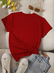 SHENDY VENDY Women's T-Shirt 100% Cotton, Short Sleeve, Round Neck, Soft And Comfortable T-Shirt, Minimalist Heart Print - 紅色 - 查看 2