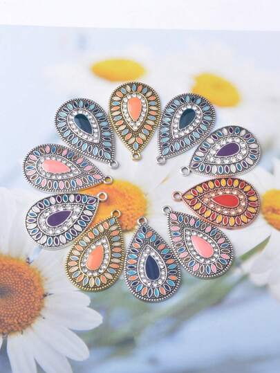 10pcs Vintage Water Drop Pendant Rhinestone Antique Silver Bohemian Charms