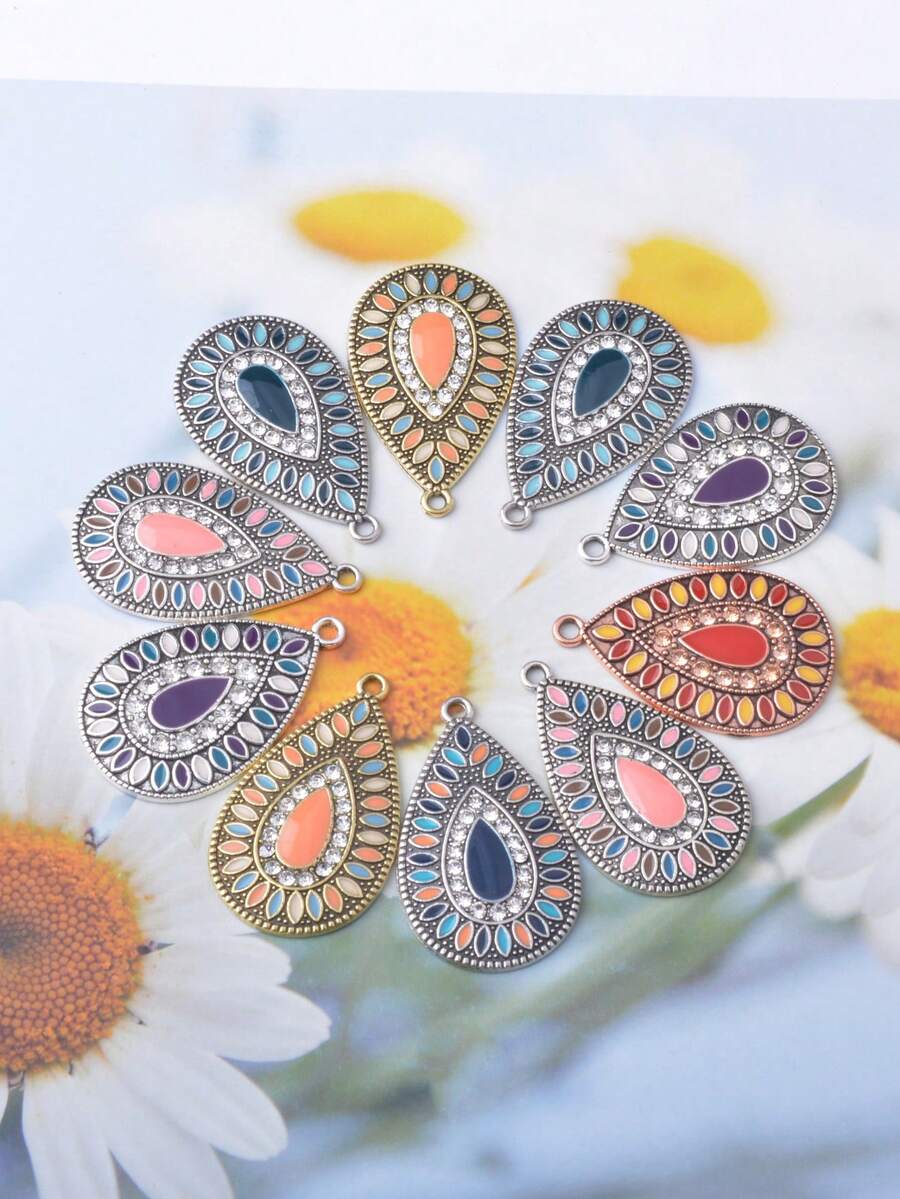 10 peças de pingentes vintage em forma de gota de água com strass, prata envelhecida, amuletos boémios - gotas de água - Ver 1