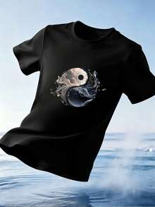 Men's YinYang Wave Graphic T-Shirt, Autumn, High Quality Cotton, Comfortable Fit, Breathable, Casual, High Impact Print. - Black - View 1