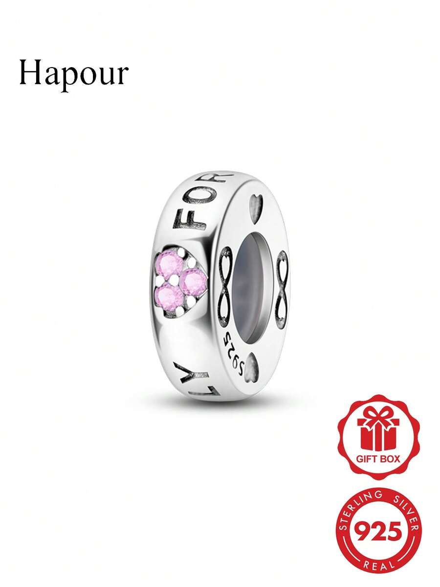 1pc Original 925 Sterling Silver Eternal Text Heart-Shaped Zirconia Spacer Bead, Suitable For Bracelet Necklace DIY Matching - Silver - View 1