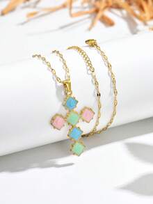 1pc 18k Gold Plated Fresh Style Colorful Enamel Square Cross Necklace, Contrast Candy Color Resin Gold Neck Jewelry, Sweet Jewelry For Daily Summer Outfits, Graduation Season Gift - Gold - View 1