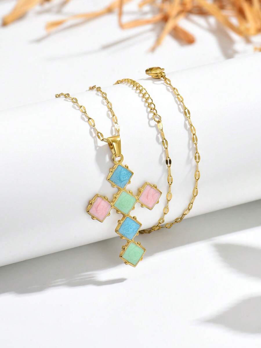 1pc 18k Gold Plated Fresh Style Colorful Enamel Square Cross Necklace, Contrast Candy Color Resin Gold Neck Jewelry, Sweet Jewelry For Daily Summer Outfits, Graduation Season Gift - Gold - View 1