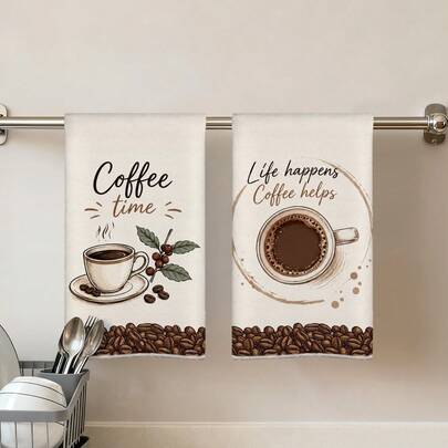 2pcs Kitchen Towels, Modern Kitchen Utensils Coffee Bean Time Illustration Microfiber Kitchen Towels, 40*60cm/15.7*23.6in Towels, Single-Sided Print, Kitchen Dish Cloth, Suitable For Restaurant Kitchen Bathroom Decor, Holiday Gift