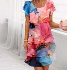 Vestido de gasa de primavera con estampado 3D de manga corta y cuello redondo de , estilo europeo y americano. - flores blanquecinas - Ver 11