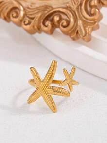 MECYLIFE 1 buah Cincin Bintang Laut Stainless Steel Lucu, Modis, dan Populer, Warna Emas, Dapat Diatur, Cocok untuk Wanita, Aksesori Pantai Musim Panas - Yellow Gold - View 1