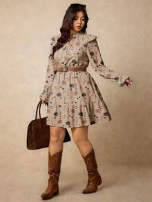 Elaquor Vestido casual de manga larga con cuello de lazo, volantes y estampado floral para mujer de talla grande, apto para primavera/invierno - Multicolor 2 - Ver 2