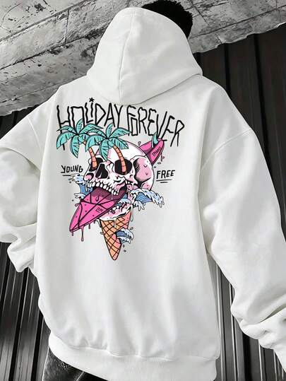 Plus Size Men's Vintage Tropical Vacation Print Pullover Sweatshirt, Skull Ice Cream Palm Tree Pattern White Pullover Sweatshirt
