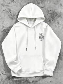 Men's Plus Size Skull Palm Tree Surfboard Back Print Hoodie, Casual Drop Shoulder Long Sleeve Pullover Sweatshirt, Suitable For Outdoor Wear, Autumn/Winter, Back To School Season - White - View 6