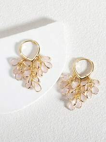 Par de Pendientes de Aro Pequeños de Lujo, Elegantes, Brillantes, Versátiles y de Alta Calidad, en Oro, Plata, Rosa, Coloridos, Melocotó, Forma de Gota de Agua y Corazó, conúltiples Ci - Pendientes multicolores de jade rosa - Ver 7