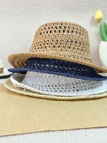 OBOVAY 1pc Women's Solid Color Hollow Out Handmade Straw Hat, Summer Vacation Beach Sun Protection Straw Hat, Suitable For Daily Wear, Vacation, Beach, Bohemian Photography - Multicolor - View 9