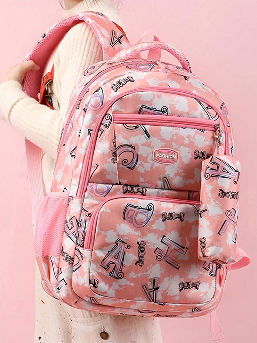 可愛女孩漸層色公主風字母圖案書包,輕量大容量多口袋單肩手提包,適合國中女生,開學季送禮首選 - 彩色 - 查看 1