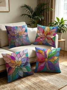 4pcs Colorful Stained Glass Lotus & Dahlia Print Pillow Covers, Art Nouveau Gold Line Mosaic Art Square Decorative Cushion Covers, Suitable For Living Room, Bedroom, Wedding, Bridal Shower, Housewarming, All-Season Home Decor - Multicolor - View 7