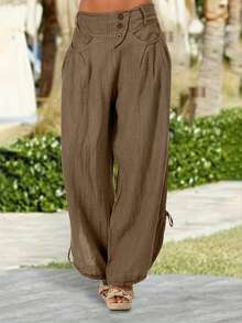 Women's Bohemian Casual Commute Solid Color Pocket Long Pants Spring Summer - Mocha Brown - View 1