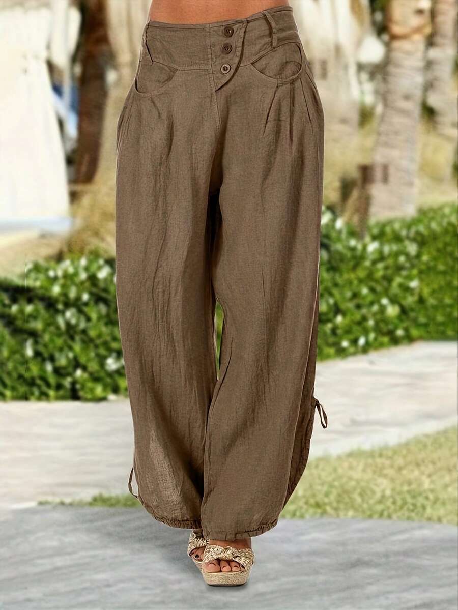 Women's Bohemian Casual Commute Solid Color Pocket Long Pants Spring Summer - Mocha Brown - View 1