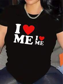 Camiseta bohemia de manga corta para mujer, 100% algodón, con estampado "Me amo a mí misma", hecha de tela ligera y resistente, perfecta para el hogar, el trabajo o salidas informales durant - Negro - Ver 1