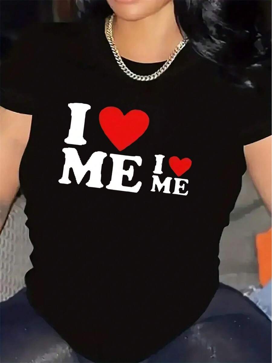 Camiseta bohemia de manga corta para mujer, 100% algodón, con estampado "Me amo a mí misma", hecha de tela ligera y resistente, perfecta para el hogar, el trabajo o salidas informales durant - Negro - Ver 1